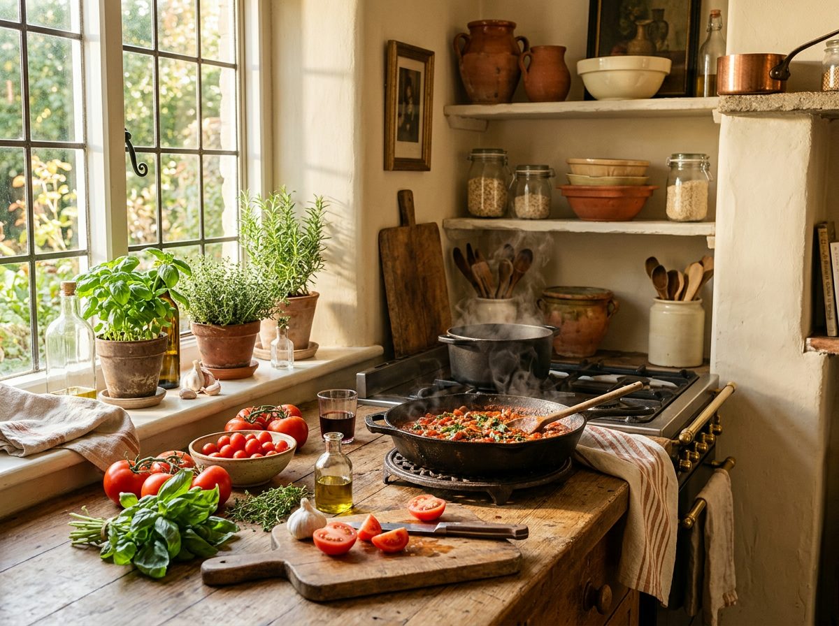 A warm, sunlit home kitchen full of fresh ingredients and the joy of cooking